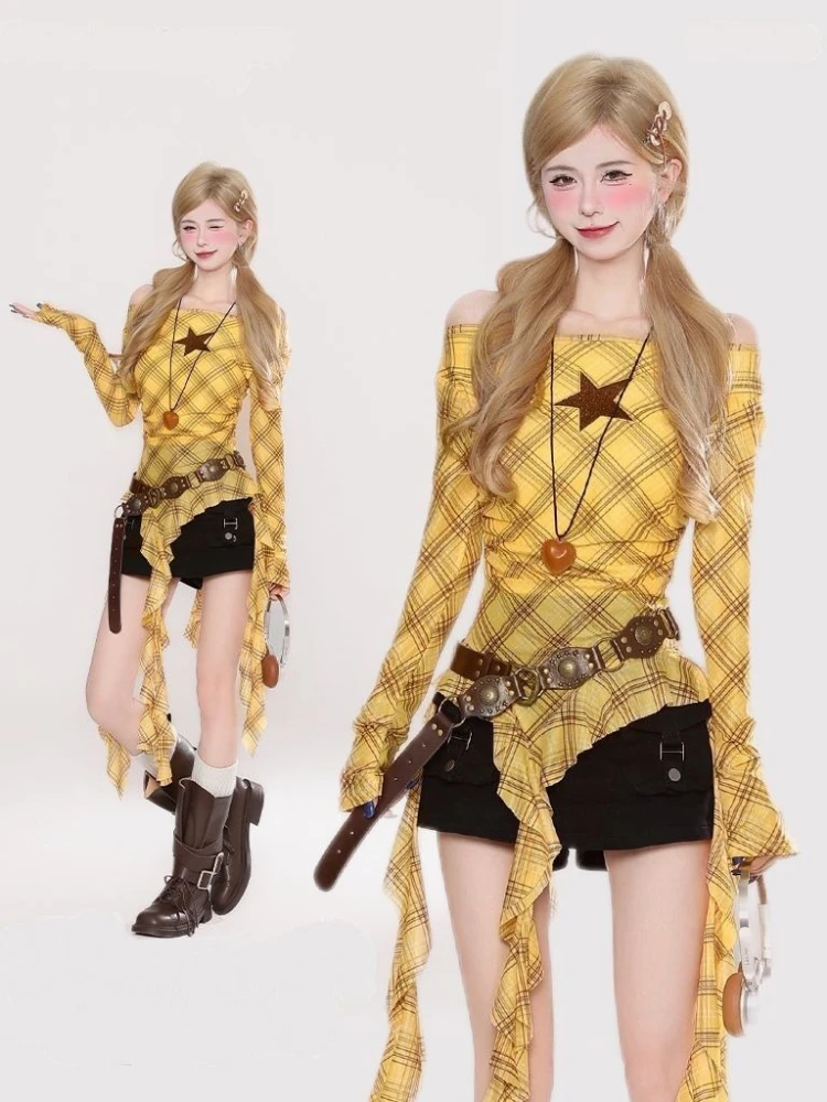Y2K Plaid Slash Neck Vintage T - Embroidery review and price